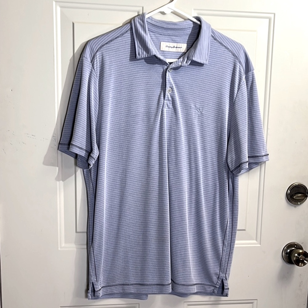 Tommy Bahama Blue Striped Polo Shirt Men M Modal Blend Embroidered Marlin Logo